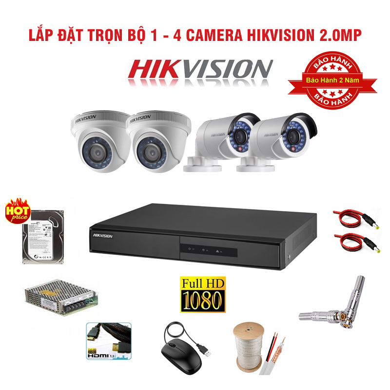 Trọn bộ 3 camera quan sát Hikvision 2.0MP Full HD