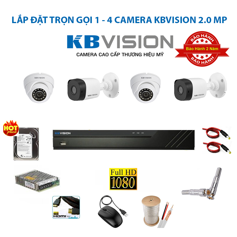 Trọn bộ 3 Camera KBVision 2.0MP Full HD 1080P