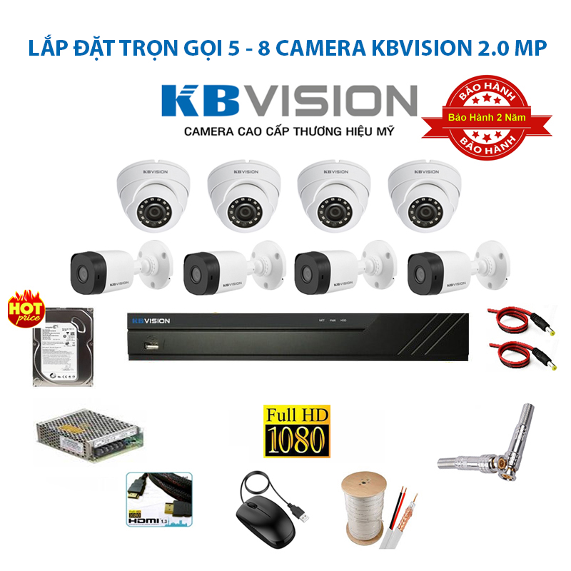 Trọn bộ 8 Camera KBVision 2.0MP Full HD 1080P
